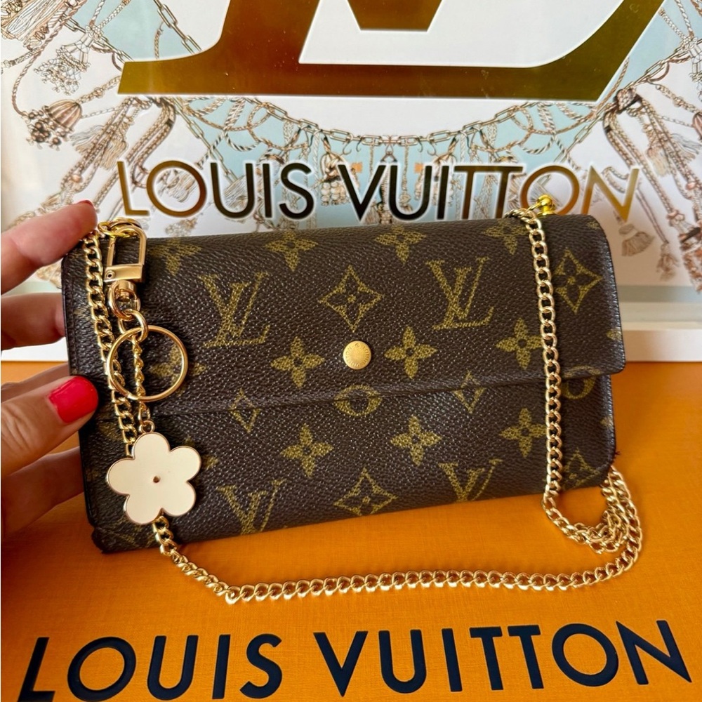 Louis Vuitton Brown Monogram Chain Wallet with Gold Hardware